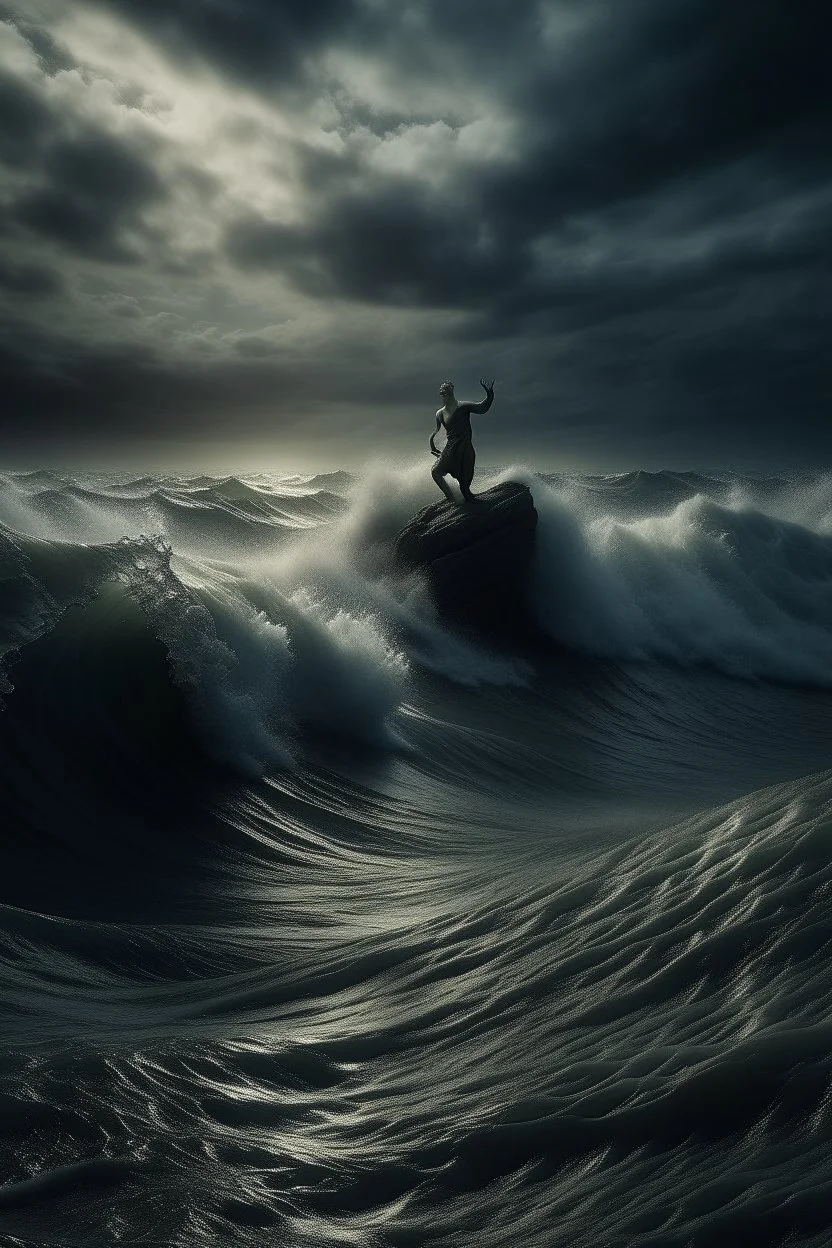 Hyperrealistic illustration a man is sinking in a vast ocean, with waves gently lapping against it. The sky is dark and stormy, with heavy, ominous clouds swirling above. In the distance, surrounded , contrasting with the dramatic, turbulent atmosphere. The overall scene should be moody and surreal, with intricate textures on the statue is highlight its grandeur and mystery.