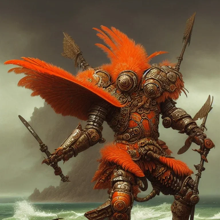 an ibis warrior in orange and green full battle armor, a highly detailed illustration, background of giant crashing ocean waves, realistic render, 8 k, micro detail, intricate, elegant, centered, digital painting, Artstation, smooth, sharp focus, illustration, artgerm, tomasz alen kopera, peter mohrbacher, donato giancola, joseph christian leyendecker, wlop, boris vallejo