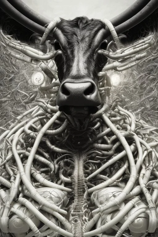 a very insane outrageous portrait of a cow in (H.R giger) style with lots of alien tenticles, being held at gun point in a (grungy toilet)::26, from new york subway, 8k, cyborg eye