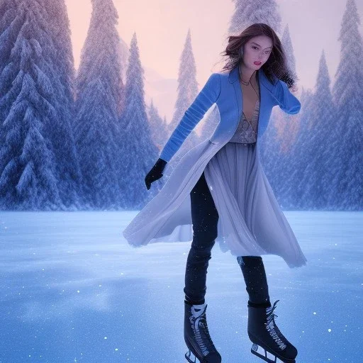 Woman skating on ice, blue, forest, snow, beautiful, mountain, masterpiece, expert, 8K, hyperrealism, sharp focus, cinematic lighting