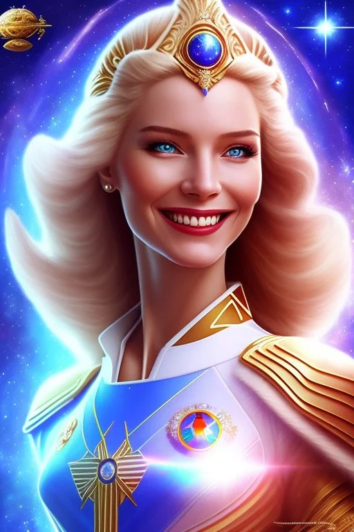 cosmic woman smile, admiral from the future, one fine whole face, crystalline skin, expressive blue eyes,rainbow, smiling lips, very nice smile, costume pleiadian, Beautiful tall woman pleiadian Galactic commander, ship, perfect datailed golden galactic suit, high rank, long hair, hand whit five perfect detailed finger, amazing big blue eyes, smilling mouth, high drfinition lips, cosmic happiness, bright colors, blue, pink, gold, jewels, realist, high commander