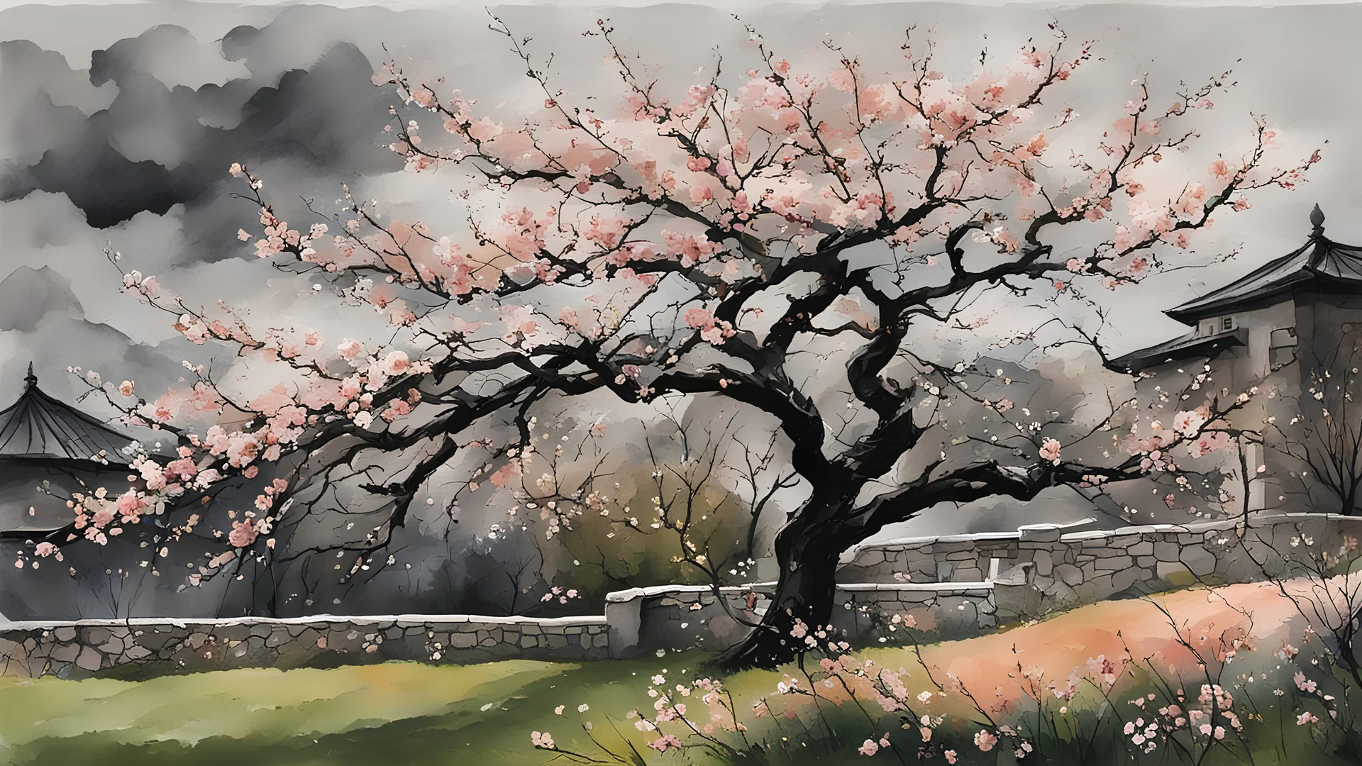 early spring, a Central European garden before imminent storm, strong wind, a peach tree blossom (petals blown in the wind:1.6), intricate detailed acrylic and watercolor and ink, (tint leaks:1.6), dark grey and green and peach blossom colors, harsh contrasts, (wind dynamics:1.6), petals swoosh