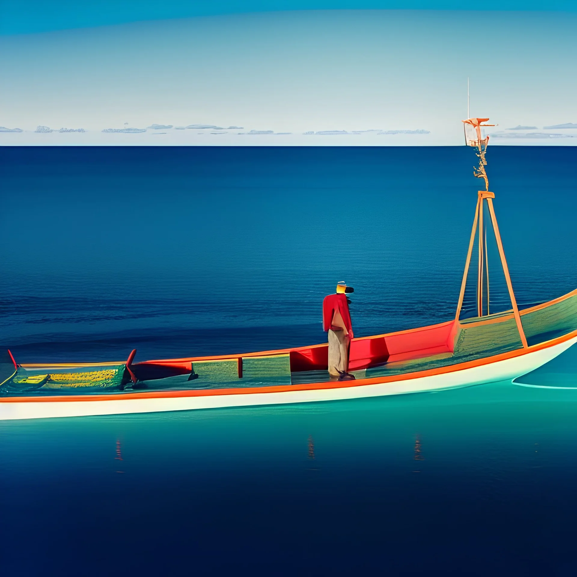 fullbody Drawing of 'fishermen smallboat',intricate detail,andrea bonelli,Kilian Eng,Ohrai,evan lee,Aleksandr Sidelnikov,KyuYong Eom,three quarters frontal aerial view,toned colors,16k