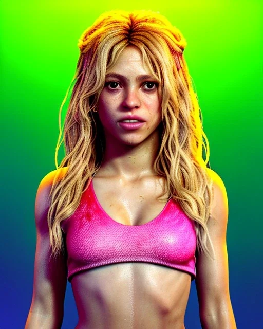 portrait, Shakira, blonde artist, Realistic image, drinking a strawberry milkshake, pink line make-up, sweat, fog, goddess style, Neon colors, leds. Color background, photo studio, concept art, smooth, unreal engine 5, god lights, ray tracing, RTX, lumen lighting, ultra detail, volumetric lighting, 3d, finely drawn, high definition, 4k.