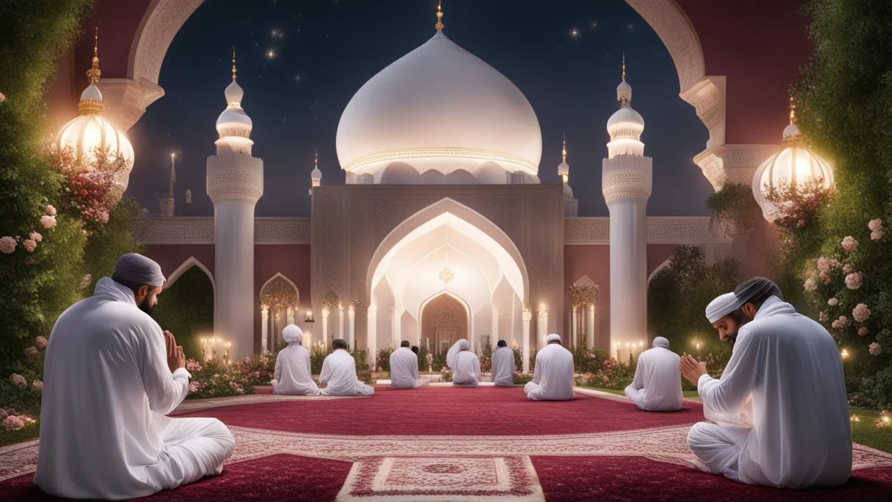 Hyper Realistic Muslim-men praying outside a Beautiful-Huge-White-&-Maroon Mosque in a beautiful garden with grass-arches, Ramadan-Light-Decorations including flowers & garland-lights with garden-lamps showing dramatic-&-cinematic-ambiance at night