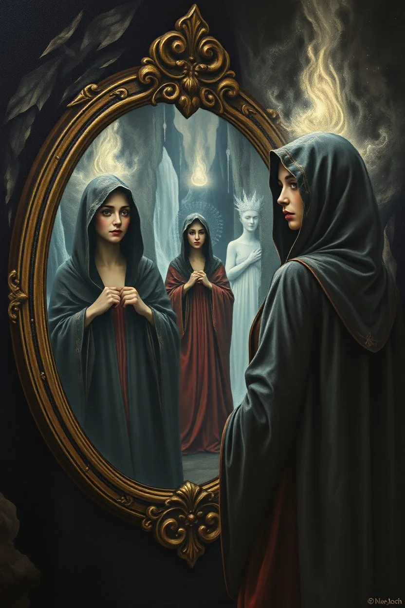 a hooded woman standing in front of a mirror with reflection of her as a beautiful queen with a spiritual background the mirror, in the dark cave with waterfalls in the background, Bosch painting style