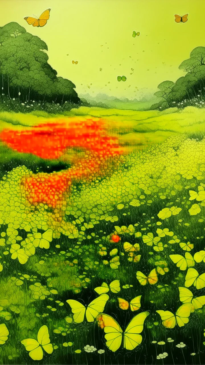 A yellow stinky field with butterflies painted by Zhang Lu