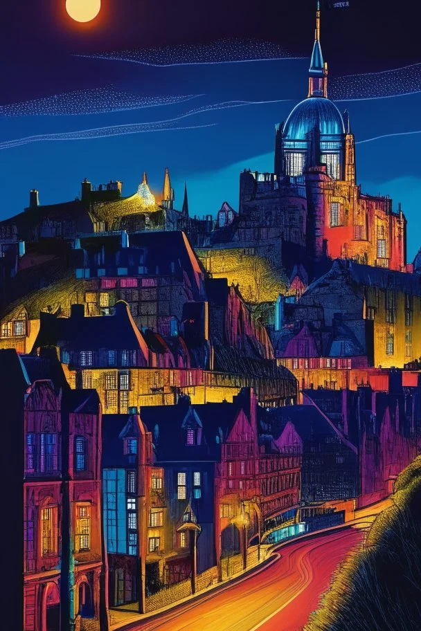 Illustration of Edinburgh, vivid colors, details, realistic, by night