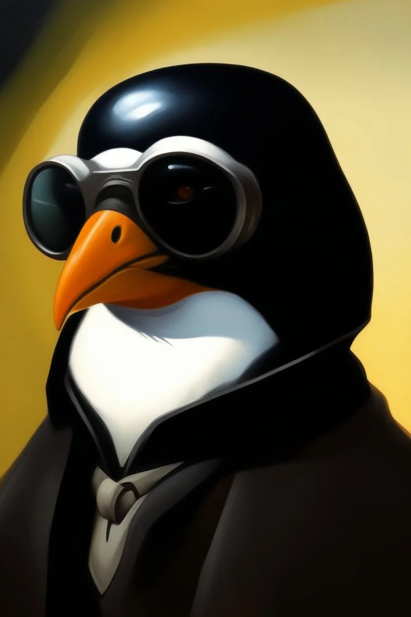 Pengu, oil painting. pengu cover 1970, closeup dnd business style. sunglasses, cape.