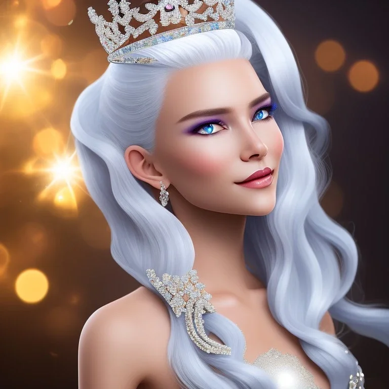 Ice Princess with white hair smilling, a crown with precious stones, bright background