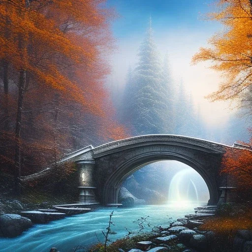 close up on white horse on the bridge, spray painted fantasy art, book cover ,the stairs of a bridge or an opening dam in magical forest,autumn icy water