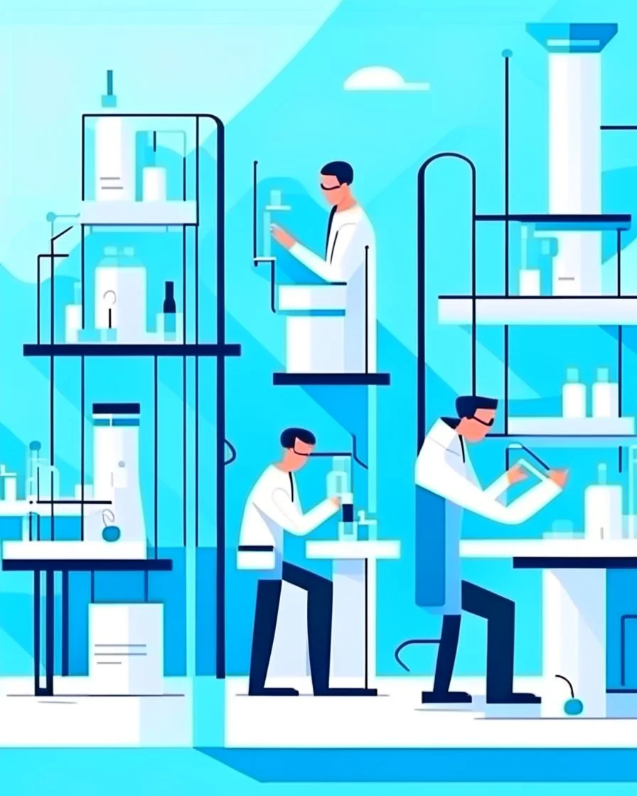 Vaccine research, scientists conducting experiments in laboratory. Vector illustration in flat style