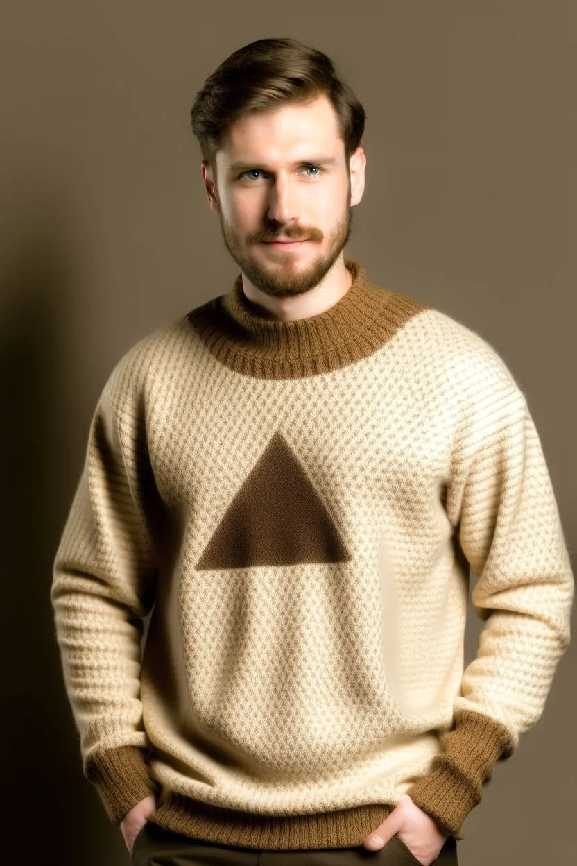 Man's large beige jumper with brown triangles and neck collar