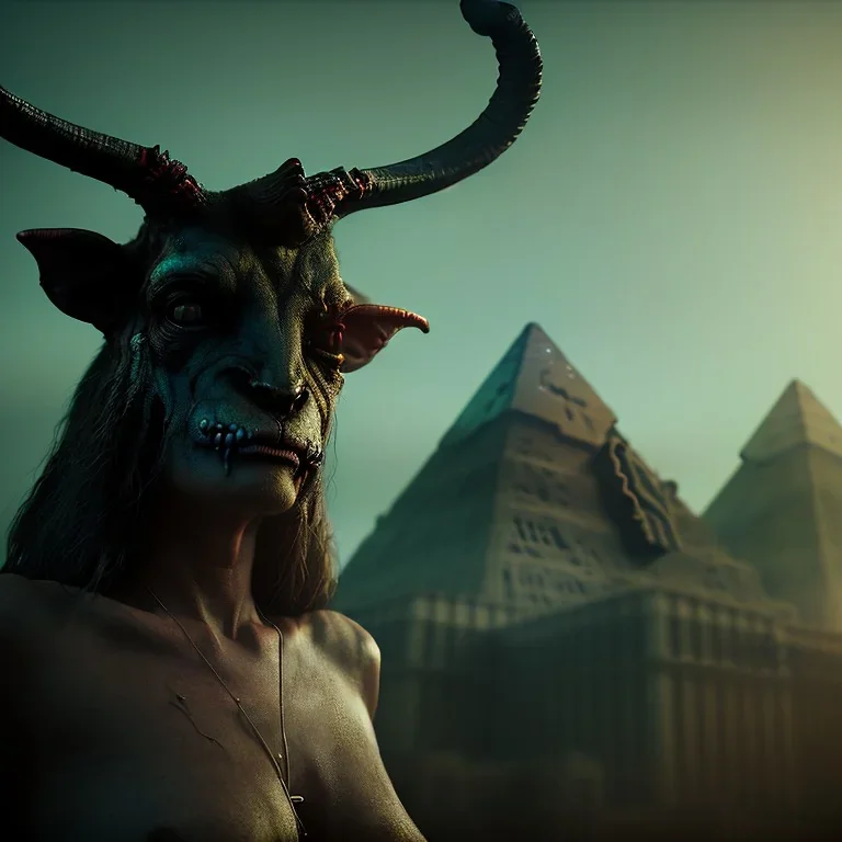 A portrait post-apocalypse of Baphomet ,pyramid,sin city,sci-fi fantasy style, volumetric lighting, particales,highly detailed,cinamatic,8k,3D,fire and black deep colours,ignore NSFW.