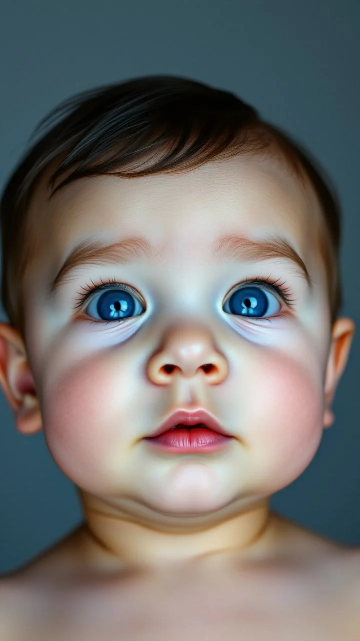 A baby face , Deep blue shiny thick transparent plastic light gray background ,blue eyes, dark eyebrows