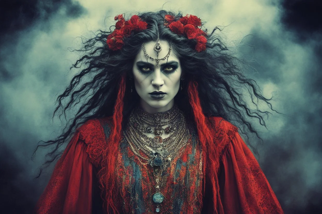 Conceptual surreal and otherworldly, full body portrait photograph of a traditionally dressed Romanian Gypsy Vampire Sorceress , with highly detailed hair and facial features in the photographic style of Jerry Uelsmann, sharply focused, cross processed color image using color slide film with C-41 color negative chemicals, with fine ink overlays, 8k, cinematic horror atmosphere