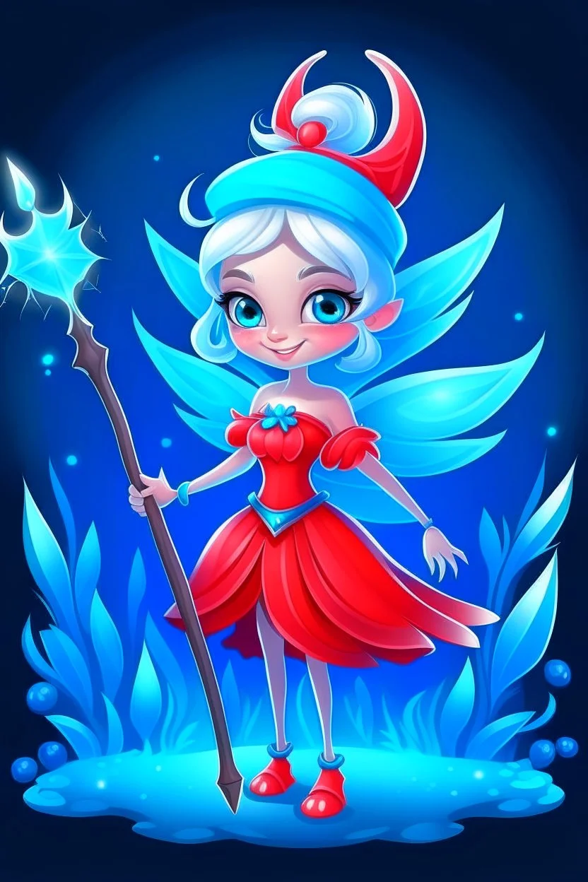 fantasy cartoon style illustration: mischievous ice fairy with shiny red magical wand