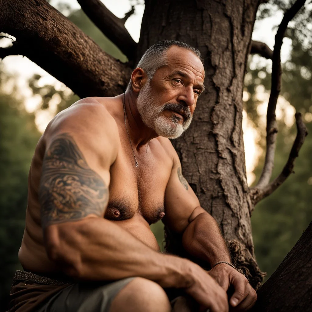 close up photography of a marocan 58 years old seated on a tree trunk in the wood, burly chubby muscular , big shoulders, manly chest, bulging hunter trouser , shirtless, hairy , golden hour, tatoo, 35mm lens, f/1.8, accent lighting, global illumination, frontal view from the ground