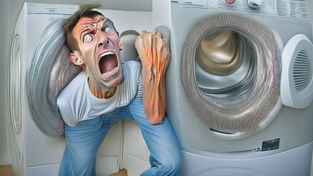 very skinny man upset he is unable to move damaged dryer