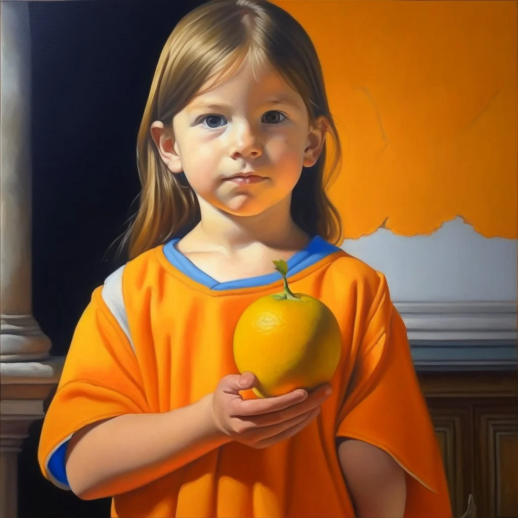 Neoclassicism child holding an orange painting yellow realistic cote d'azur