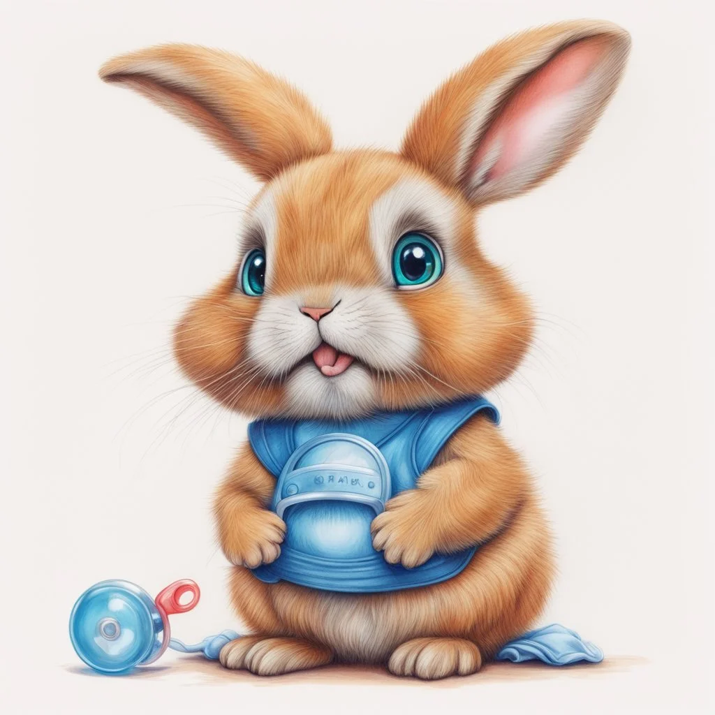 Picture, drawn with colored pencils, in the style of hyperrealistic animal illustrations, light amber and red, cartoon cute bunny with big eyes and long eyelashes, sitting with a pacifier in his mouth, wearing blue shorts, white background only