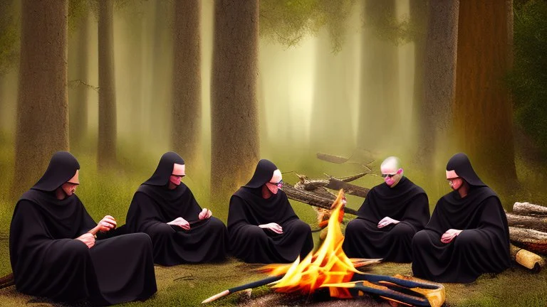 Black robed monks sitting around a fire in the forest