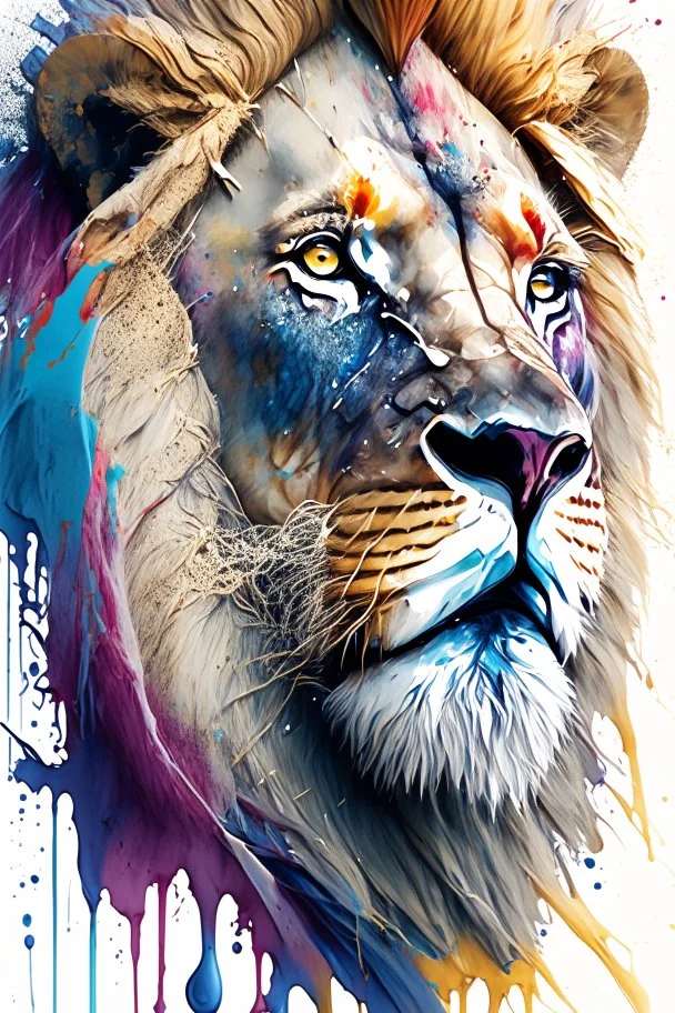 "lion", clean design, art station, splash of colorful paint, contour, ((solid white background)), gazing into camera, hyperdetailed intricately detailed, unreal engine, fantastical, cinema lighting, intricate detail, splash screen, complementary colors, fantasy concept art, 8k resolution, DeviantArt masterpiece, watercolor, paint dripping