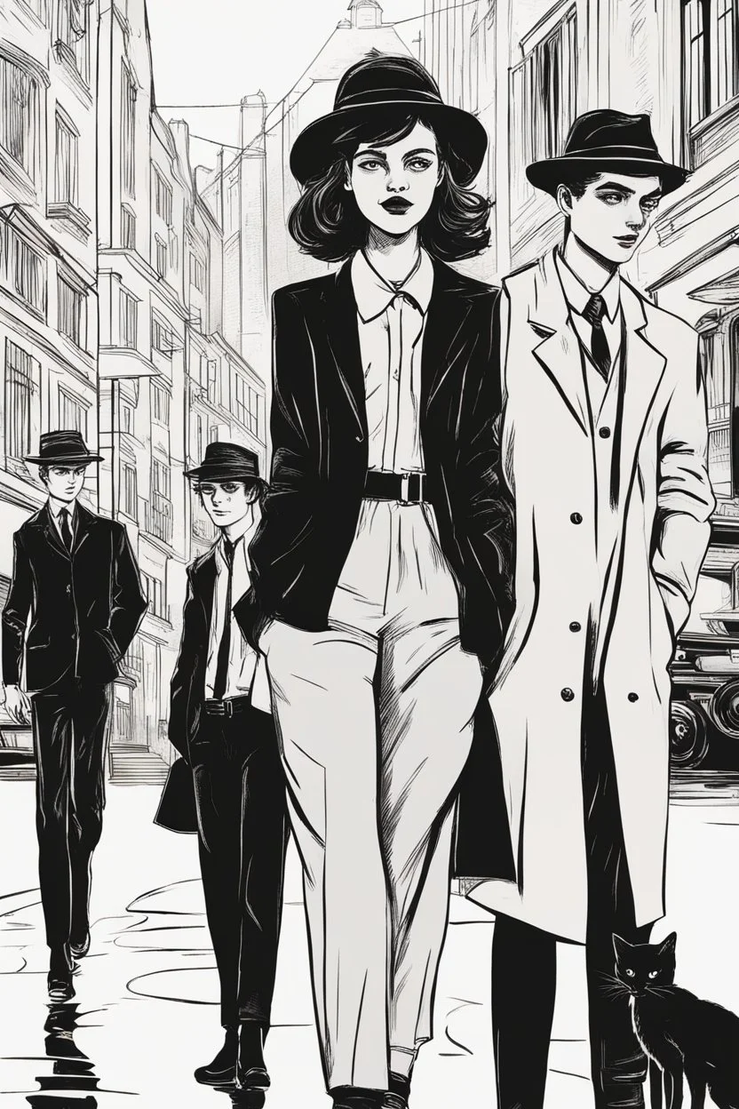 Design a book cover for detective, criminal story. One teenage girl and two boys are on the town street—Black Cat as a company. The book is for teenagers—modern style. Renoir style, bauhaus style