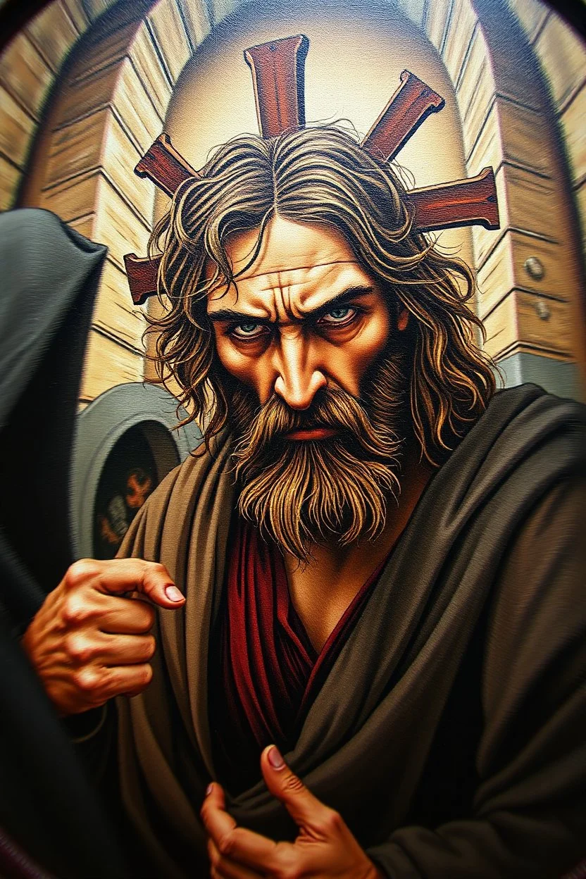 pin hole cam, master oil painting by Rembrandt, realistic rendering Portrait of the angry Jesus in the temple of thieves, airbrush and pen outline, in the style of Escher, motion blurred background