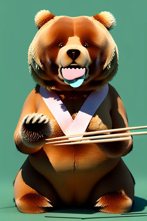 Big fat Japanese woman dressed as a bear eating noodles with chopsticks