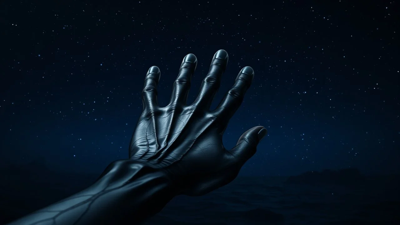 transparent glass arm with black veins reaching out from the black sea towards the deep blue sky and five fingers, dark universe, faint stars, galaxy, detailed, high realistic, impressive, dark. gloomy