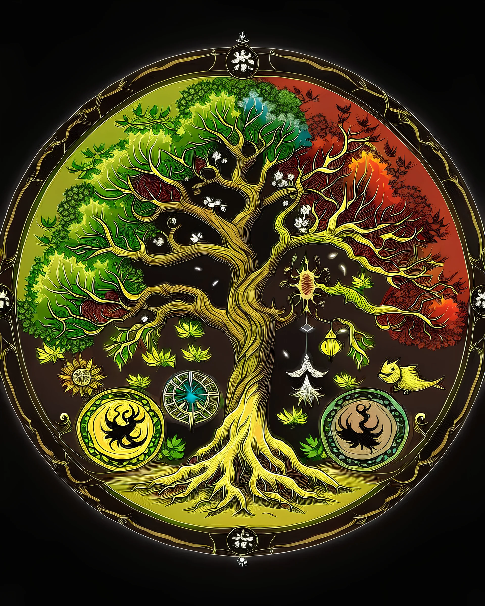The tree of life consists of four seasons: spring, summer, autumn, winter, light, time, darkness, star, moon, sun, yang-ying, water, wind, earth, fire and love.