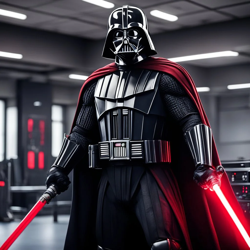 over muscular Darth Vader with gigantic biceps with veins in the training room with his red lightsaber