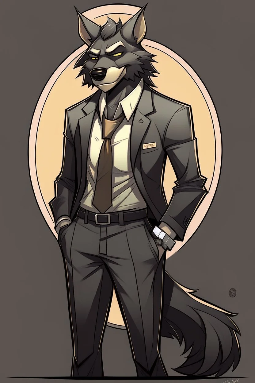 Buff, anthro, wolf, himbo, black fur, gold eyes, wearing a suit, full-body