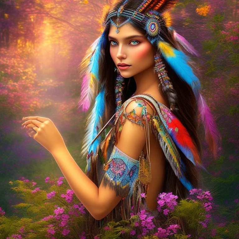 bright native american fairy, beautiful portrait, flowery landscape