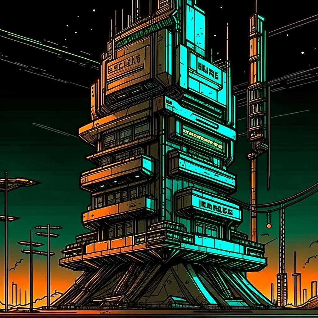 cyberpunk retro futuristic tower for comics