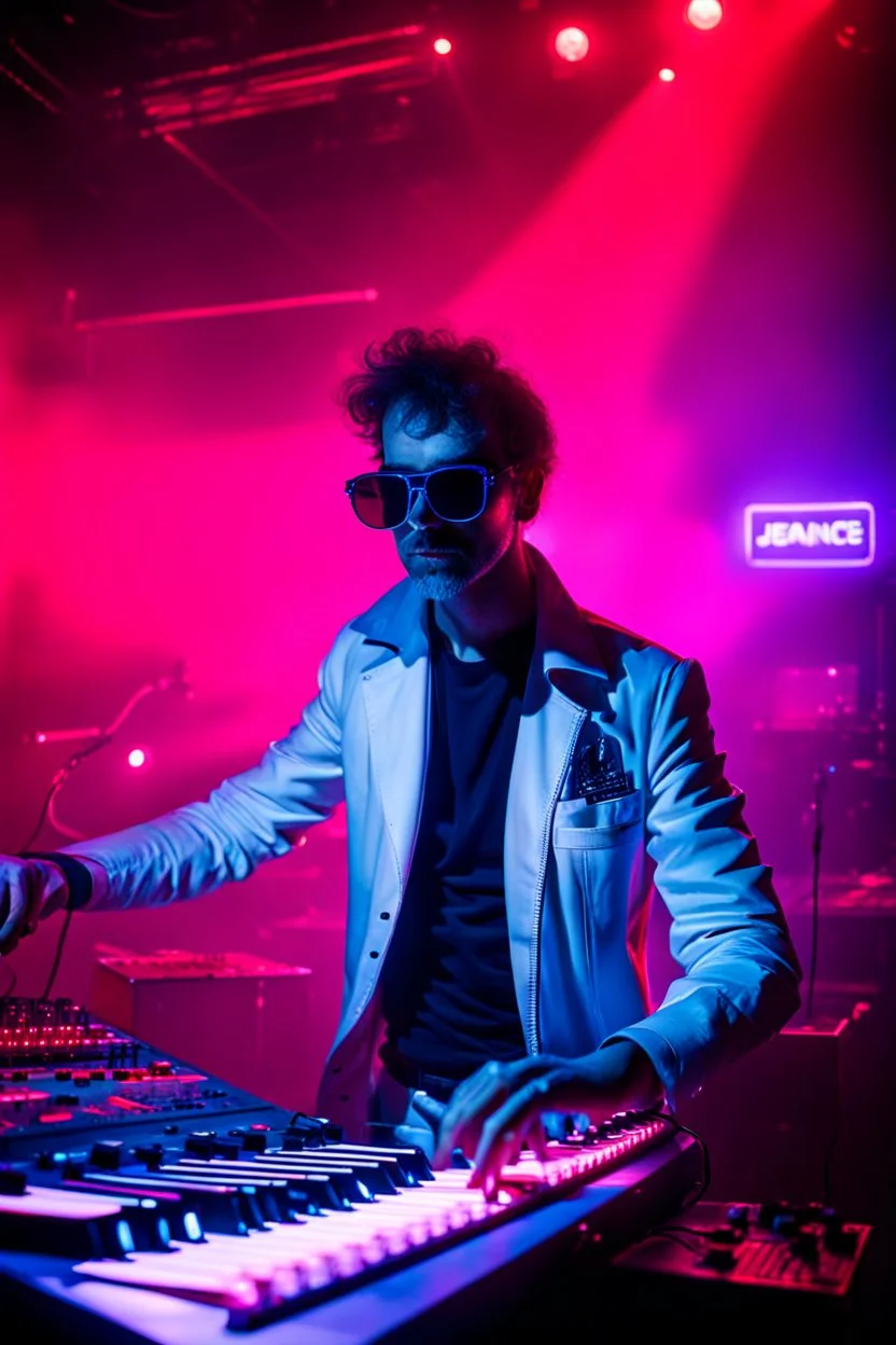 French cool synth player, he is called "Jean-Maurice Brûlée" performing at dance club, his name is "Jean-Maurice Brûlée" , white and red and blue Neon lights and smog, and "URANIUM" big sign on the wall, he is playing on synthesizers on stage with lot of laser beams and wearing black sunglasses, an earth is projected in background