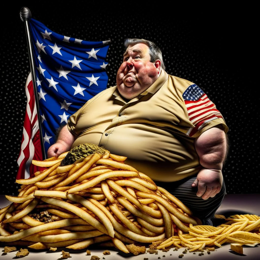 patriotic repulican super fat american eating a giant pile of fries on the moon