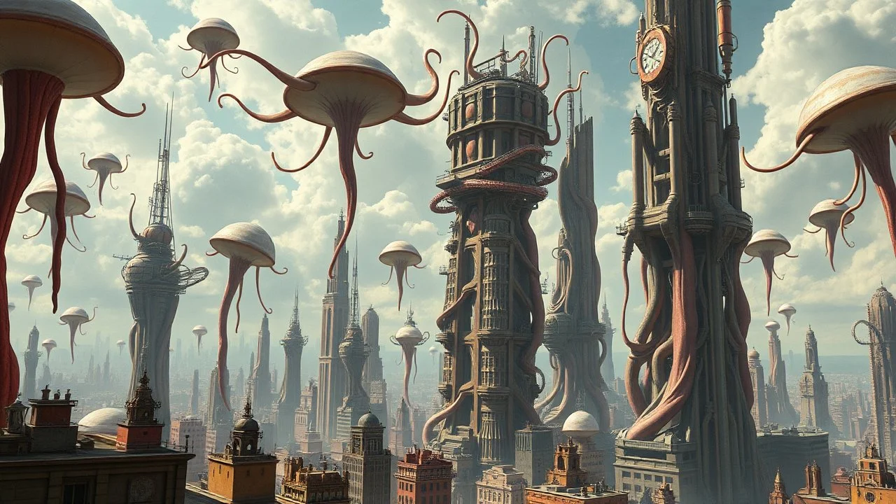 a stunningly weird image of a futuristic metropolis using Salvador Dali's paranoiac-critical method, where buildings and structures appear to melt into the skyline like melting ink. The cityscape is filled with floating medusas and mad, twisted shapes that interact with the buildings and each other, forming a surreal tableau of a dreamlike reality. Capture the essence of the scene in a cinematic manner, with dramatic shadows and vibrant colors that enhance the distorted perspectives and bizarre