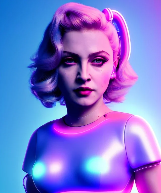 Artist, young madonna, android woman, sweet, blonde, white skin, long eyeliner, glossy lips, contour make-up, color leds lights, cables, short hair, circuits, cyberpunk, latex coat, cyber punk, neon, portrait, studio photo, unreal engine 5, soft color, 16 bit, god lights, ray tracing, RTX, lumen lighting, ultra deatail, volumetric lighting, 3d, finely drawn, hd.