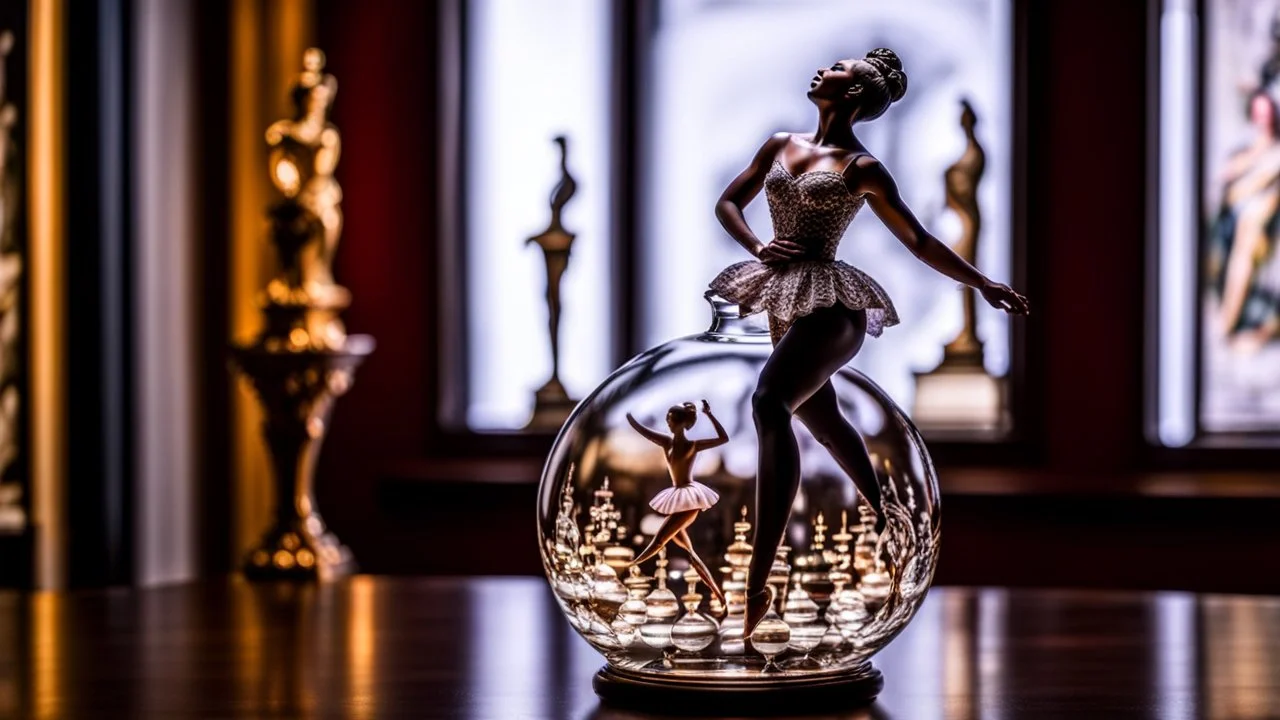 a pretty glass wine jar with beautiful minature glass shapes on out side and some glass hlalf sphere on it with a lady ballerina inside in pretty standing ballet pose on a table in a art gallery with famouse paintings and statues