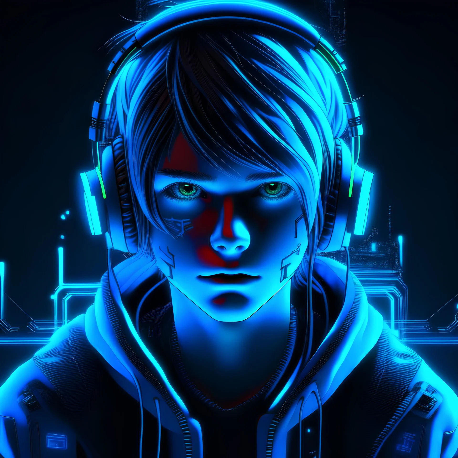 Boy, headphones, neon blue, front face, cyberpunk