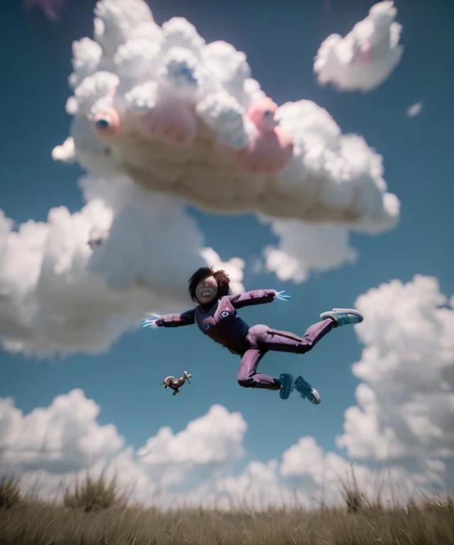 Ultra realistic clouds sky scene, medium shot view, portrait, sweet monster Childs free jumping flying with trinkets, smile, happy, Wes Anderson style, inflatable color clothing, extreme, wind, clouds sea, 20,000 feet altitude, stratosphere, soft color, highly detailed, unreal engine 5, ray tracing, RTX, lumen lighting, ultra detail, volumetric lighting, 3d, finely drawn, high definition, high resolution.