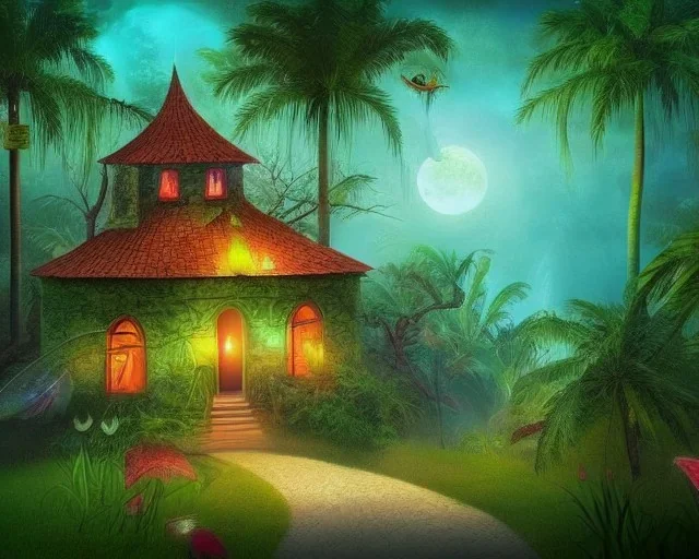 mystical house on a hot tropical island, fantasy art, surreal art, fairies in the trees,