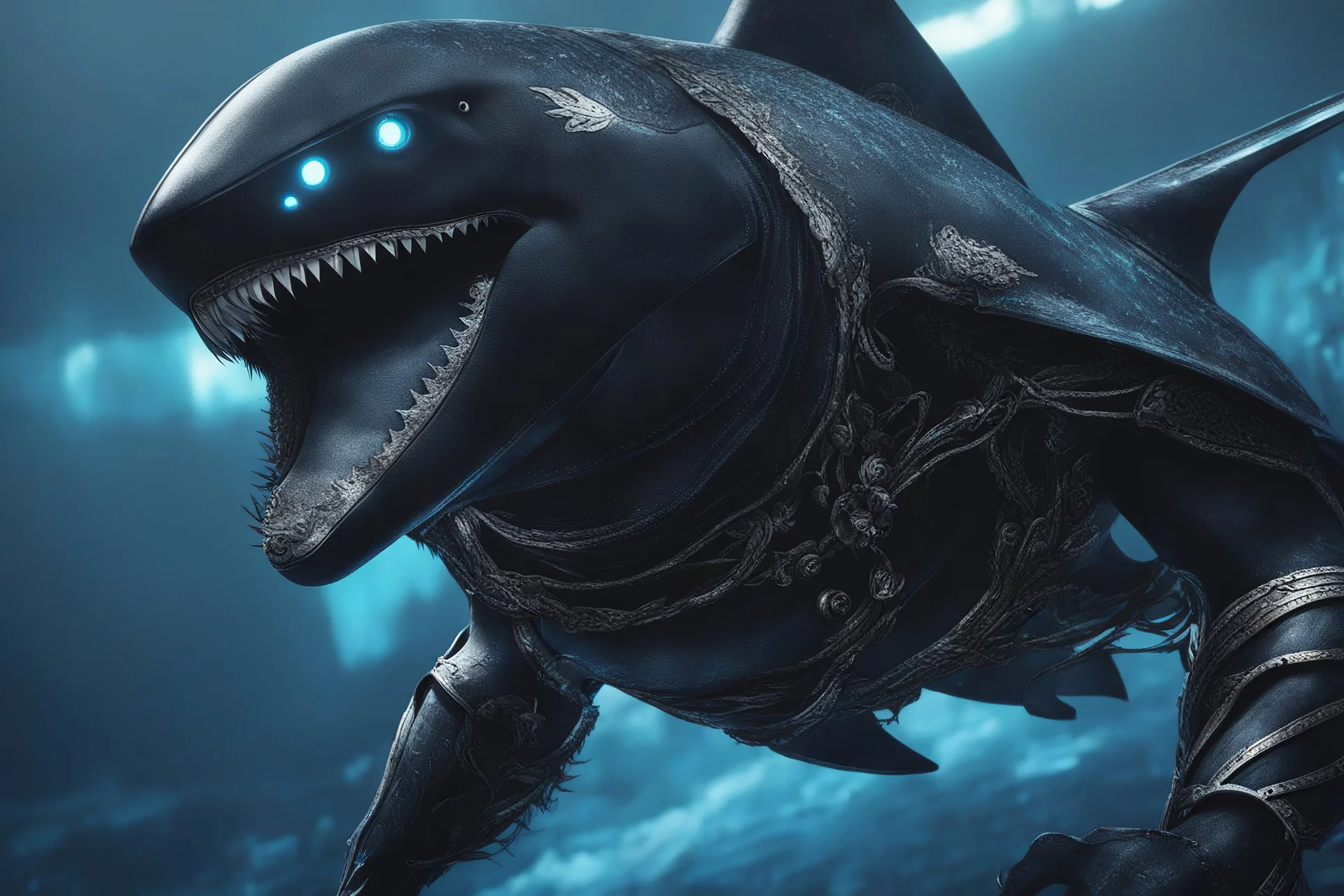 Black shark in 8k nier automata drawing, symbiote effects, blue lights, sea, intricate details, highly detailed, high details, detailed portrait, masterpiece,ultra detailed, ultra quality