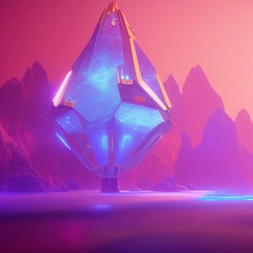 a crystalised blue pink spaceship, gold, diamonds, lightbeams, cosmic background, atmospheric, realistic, unreal engine, 8k. Cinematic lighting, octane render.