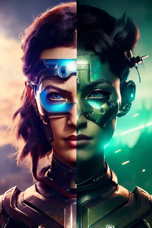 Cyborg warrior, waist up portrait, 8k resolution, intricate details, ornate details, soft lighting, vibrant colors, retroanime, masterpiece, intricate eyeliner, dark eyeshadow, eyes, wild hair, intricate tattoos, jungle background, blue hair