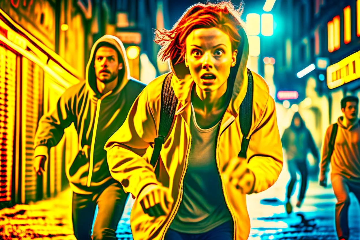 Close up image of 2 subjects, 1girl with auburn colored hair, wearing long sleeve white dress with hood, (running towards camera), (woman looks scared), frightened, running for her life, running away from man wearing armor, getting grabbed by man, down a dirty city alley, futuristic city at (night:1.4), blue and yellow neon signs, chase scene, action scene, thick outlines, comic book style, dynamic camera angle, realistic skin, realistic hands, perfect hands, action lines, motion blur background