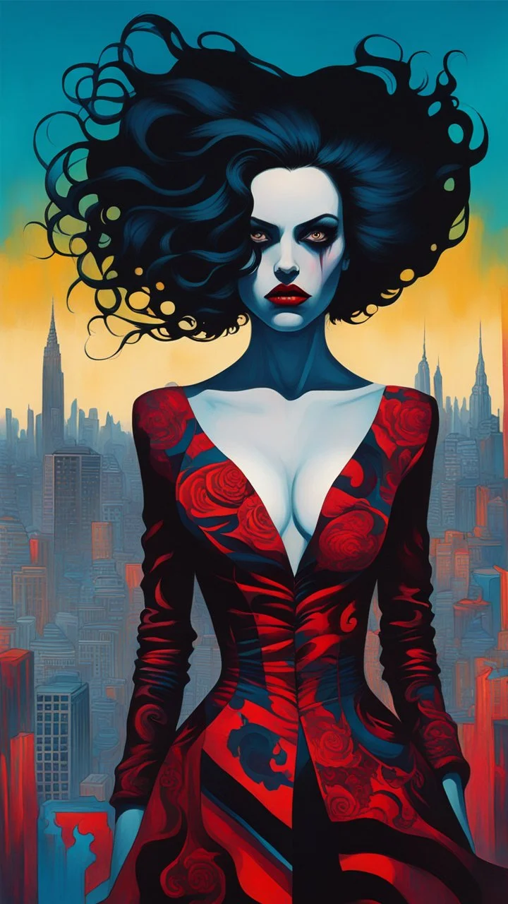 close up, full body, wildly stylized representation of a audacious vampire girl with highly detailed dark hair and facial features by Afarin Sajedi, her silhouette residing amidst bold, attention-grabbing abstract design that's defined by a wash of vibrant, highly saturated hues, juxtaposed against stark, surrealist landscape of bustling colored cityscapes