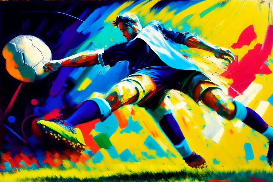 Oil painting, football match, the striker is kicking a goal, the ball is flying, bright but not neon colours, dynamic lines, dynamic blobs, spots, lines in the background of the character, like a colour explosion, A visually striking piece filled with dynamic brushstrokes, reminiscent of the impasto technique used in Vincent Van Gogh's Post-Impressionist paintings. The composition features bold colors and unblended strokes, creating a sense of depth and movement that defies traditional art style